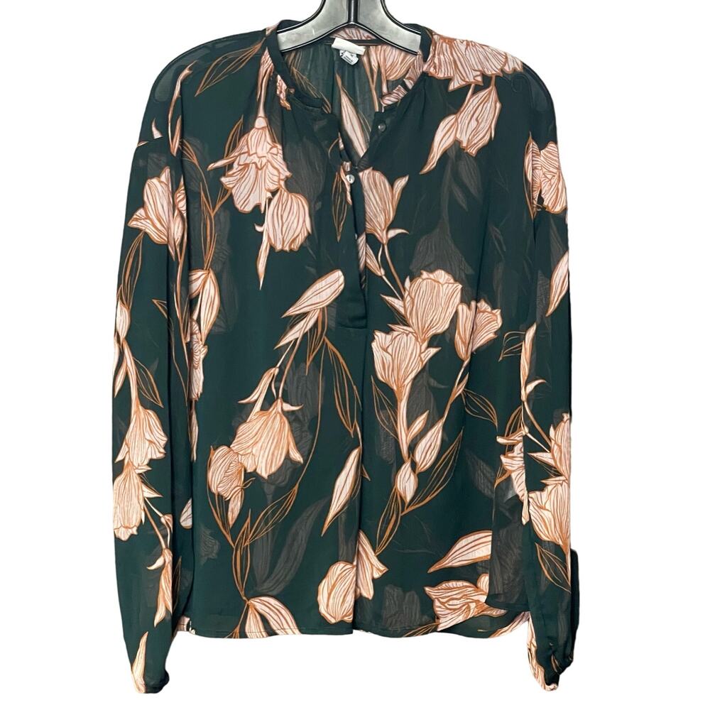 A New Day floral top sheer shirt dark green feminine long sleeve size medium